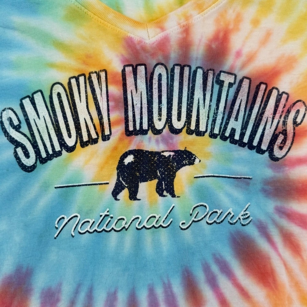 Rainbow Tiedye V-Neck Logo T-shirt Smoky Mountains National Park Size Women's M - Picture 4 of 6